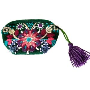 Handmade Felted Wool Embroidered Wallet Coin Purse Flower Tassel Zip Pull NEW